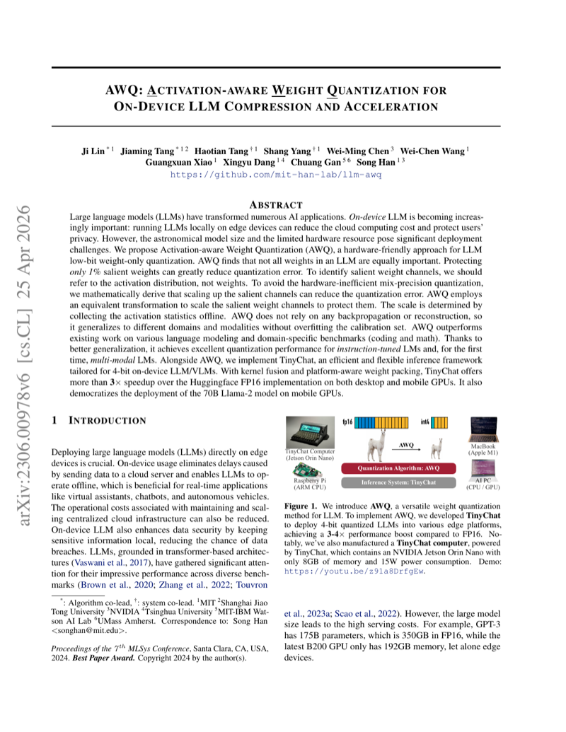 Cover of AWQ: Activation-aware Weight Quantization for LLM Compression and Acceleration