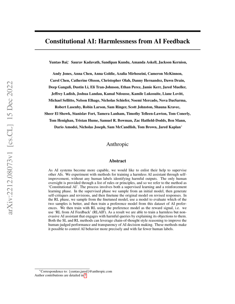 Cover of Constitutional AI: Harmlessness from AI Feedback