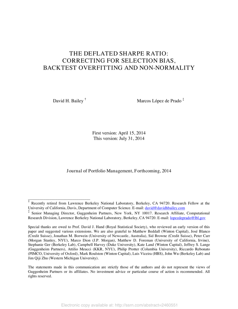 Cover of The Deflated Sharpe Ratio: Correcting for Selection Bias, Backtest Overfitting, and Non-Normality