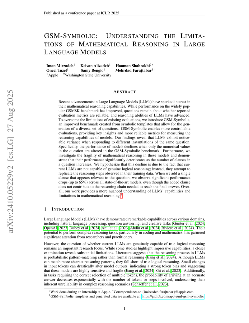 Cover of GSM-Symbolic: Understanding the Limitations of Mathematical Reasoning in Large Language Models