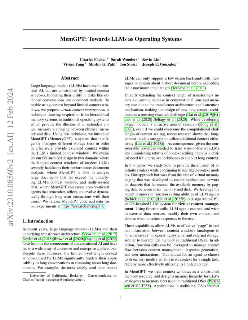Cover of MemGPT: Towards LLMs as Operating Systems