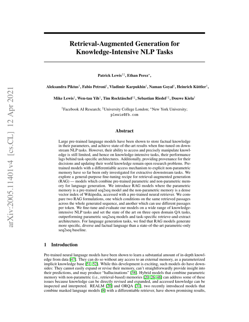 Cover of Retrieval-Augmented Generation for Knowledge-Intensive NLP Tasks
