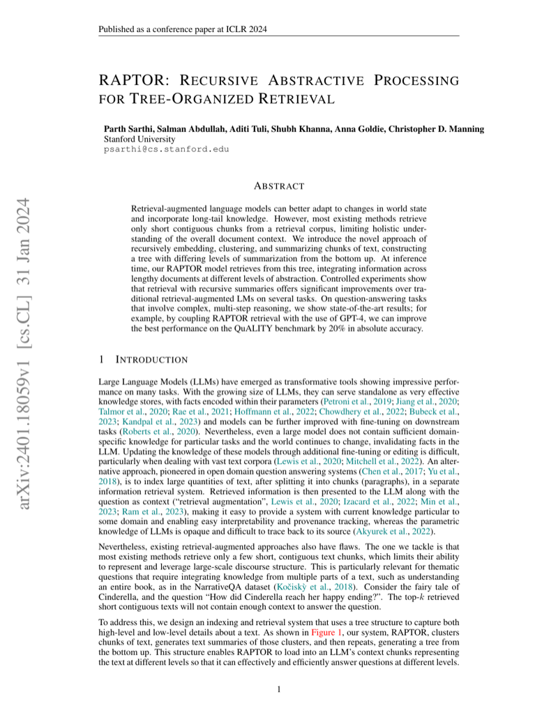 Cover of RAPTOR: Recursive Abstractive Processing for Tree-Organized Retrieval