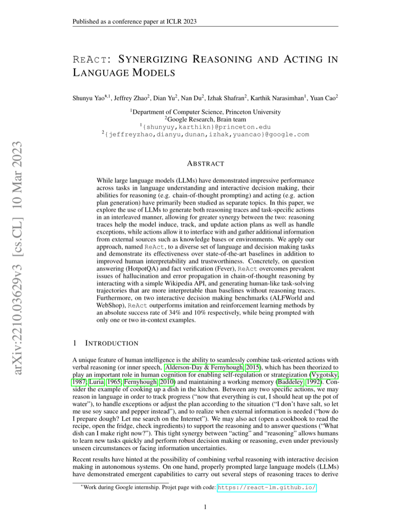 Cover of ReAct: Synergizing Reasoning and Acting in Language Models