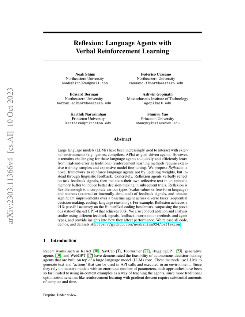 Cover of Reflexion: Language Agents with Verbal Reinforcement Learning