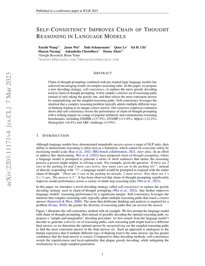 Cover of Self-Consistency Improves Chain of Thought Reasoning in Language Models